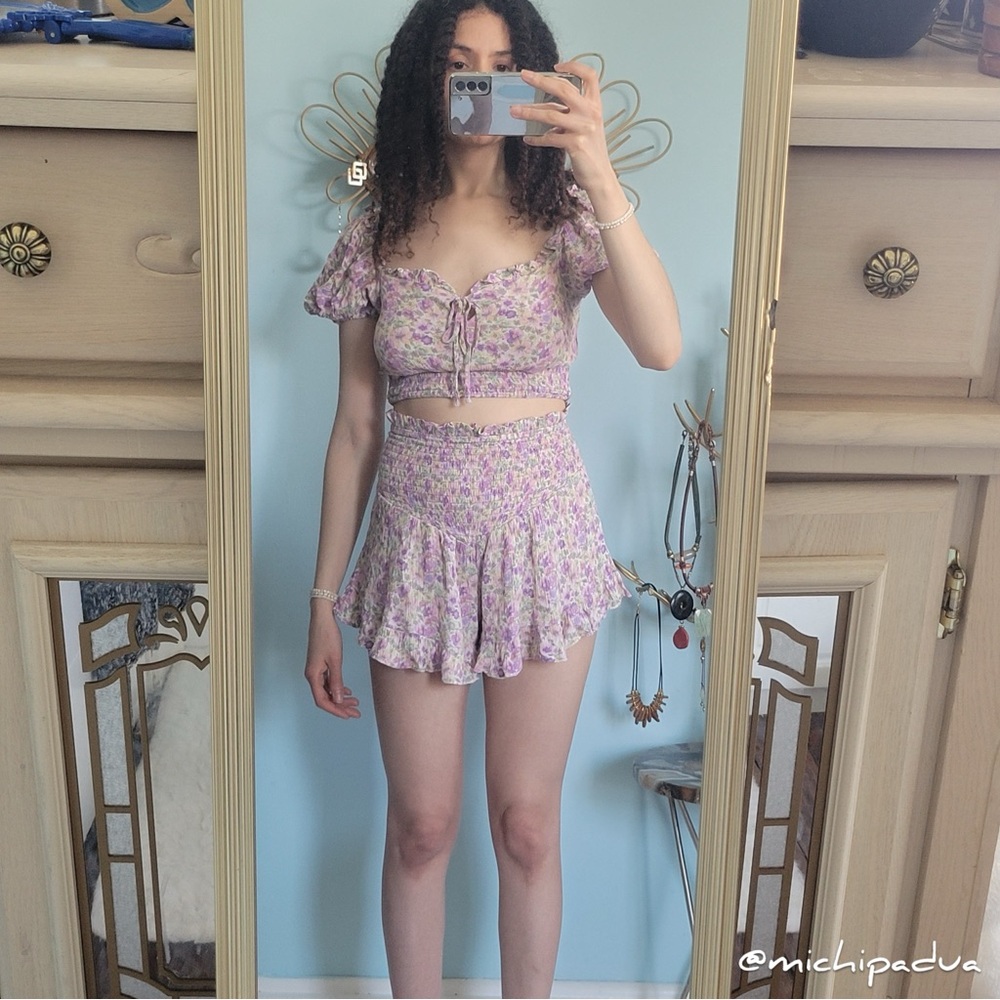 Forever 21 Purple Floral Two-Piece Set with Puff Sleeves